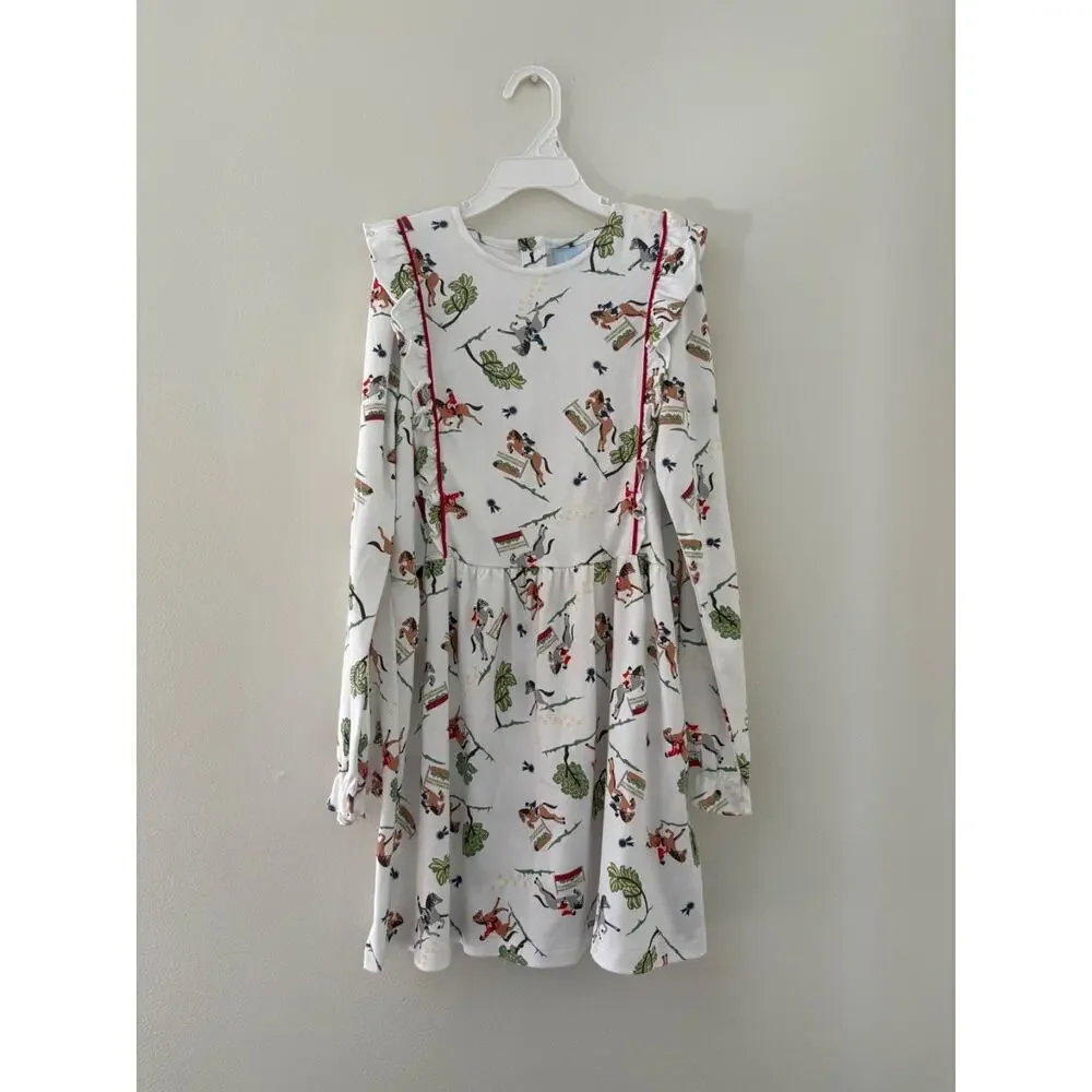 Bella Bliss Girls size 10 cotton long sleeve horse equestrian print dress Ruffle